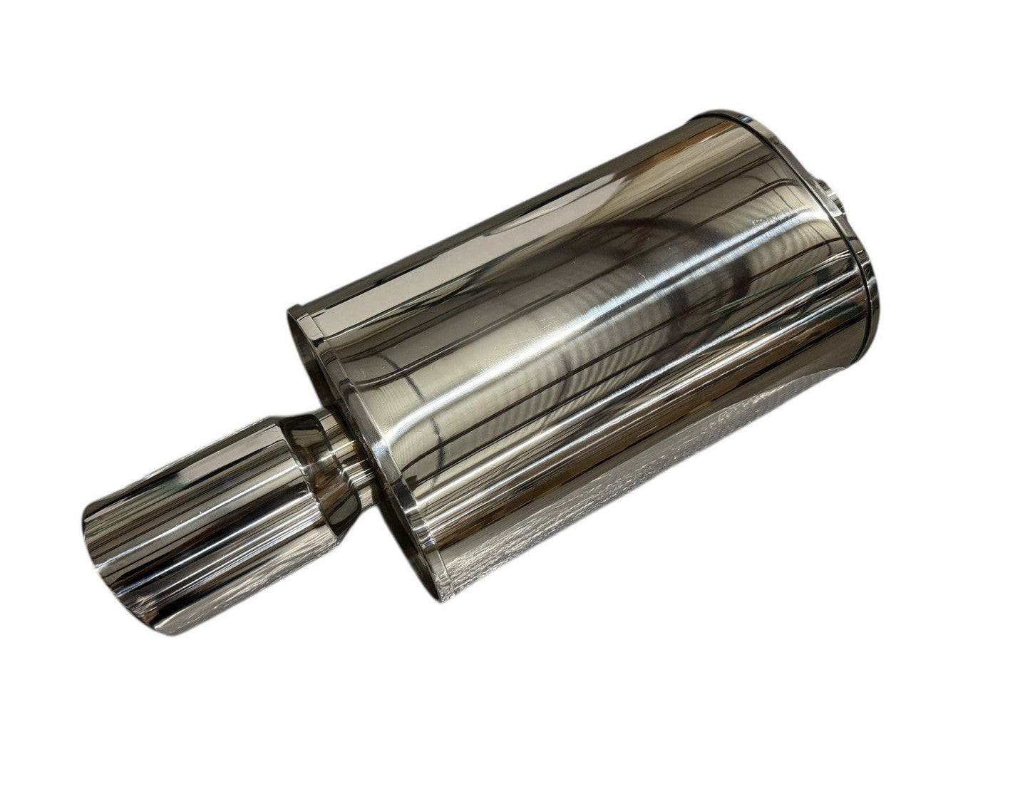Polished dual wall universal short tip muffler with 3-inch inlet and 3.5-inch outlet, designed for exhaust systems by JackSpania Racing.