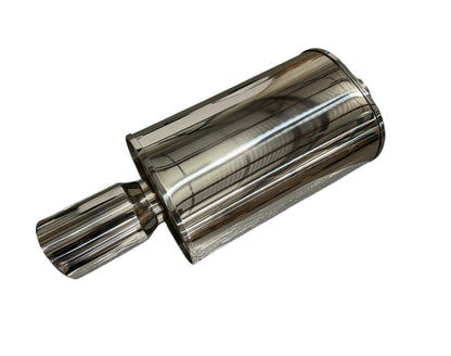 Polished dual wall universal short tip muffler with 3-inch inlet and 3.5-inch outlet, designed for exhaust systems by JackSpania Racing.