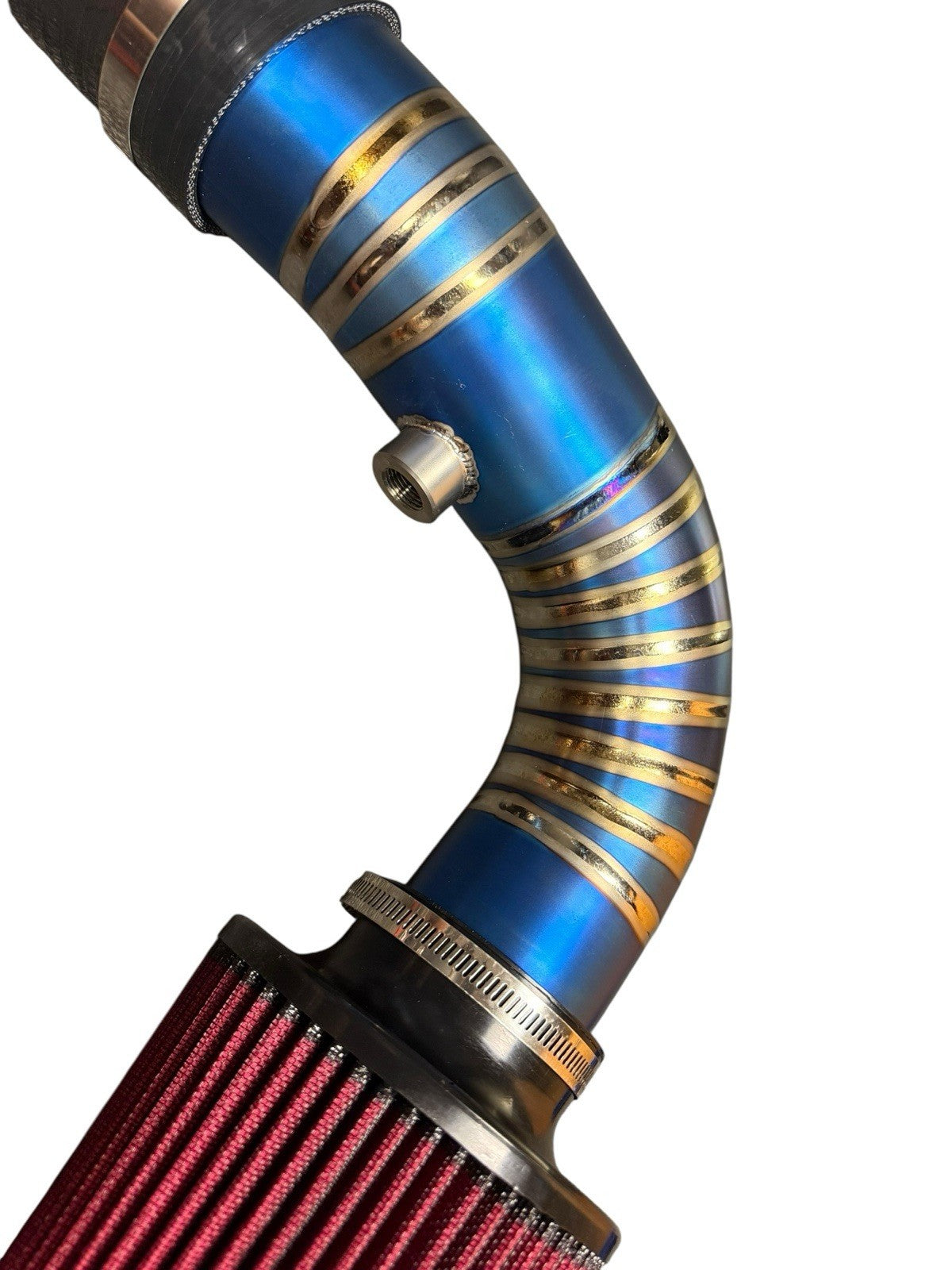 JackSpania Racing K20 K24 3-inch titanium pie cut cold air intake pipe with high-flow filter and polished finish.