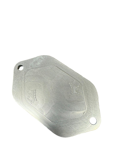 Billet aluminum block off plate for firewall engine harness on Honda Civic EK, by JackSpania Racing, installed on engine firewall area.