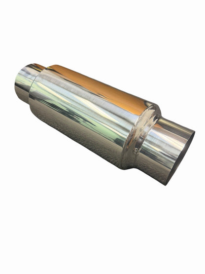 JackSpania Racing 2.5" and 3" inlet outlet mini muffler exhaust resonator in steel, showing the compact cylindrical design.