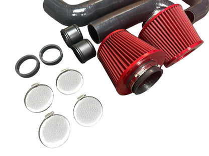 JackSpania Racing high flow cold air intake kit for 2007-12 BMW 135i, 335i, 335is, 135is, and 335xi N54 turbo engine, with metal tubing and filters.