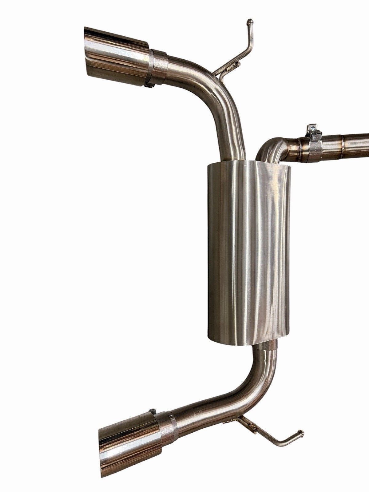 Stainless steel dual tip exhaust system for 2007-2018 Jeep Wrangler JK, by JackSpania Racing, with visible exhaust tips and piping.