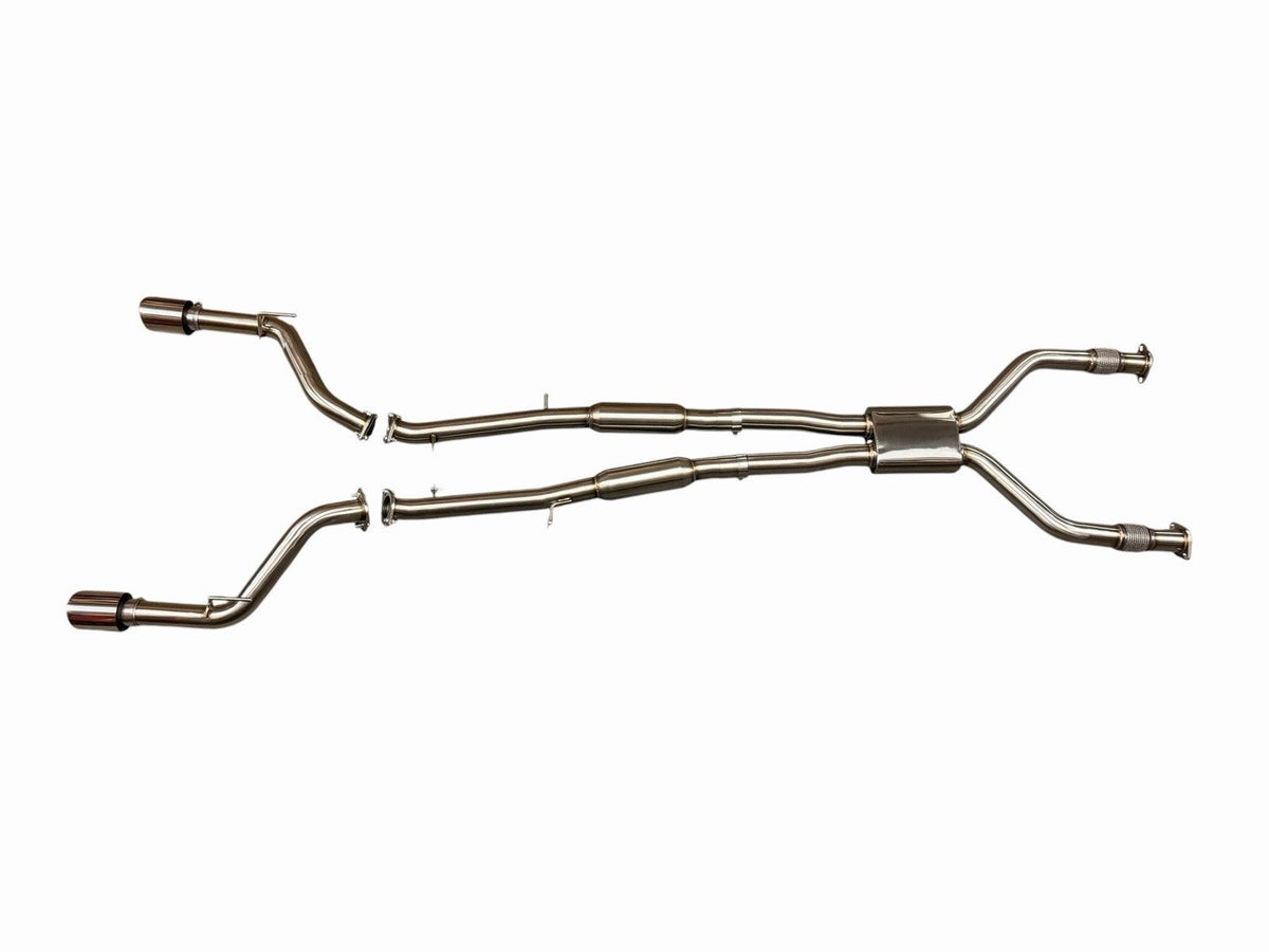 Dual 3-inch cat back exhaust muffler system for 2016-2023 Infiniti Q50 Q60 3.0T RWD by JackSpania Racing, showing polished metal pipes.