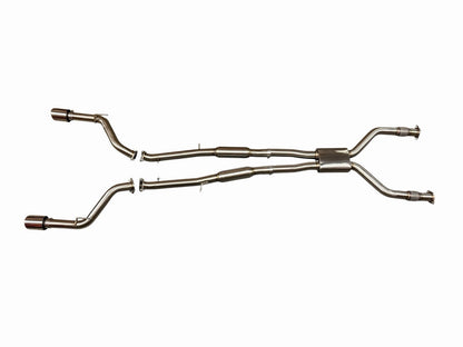 Dual 3-inch cat back exhaust muffler system for 2016-2023 Infiniti Q50 Q60 3.0T RWD by JackSpania Racing, showing polished metal pipes.