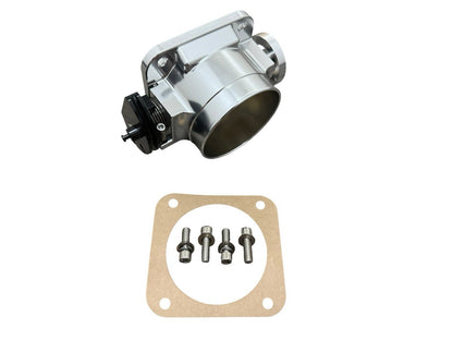 JackSpania Racing 90mm throttle body with 4-inch hose coupling adapter for 2JZ and 1JZ engine inlet connections.