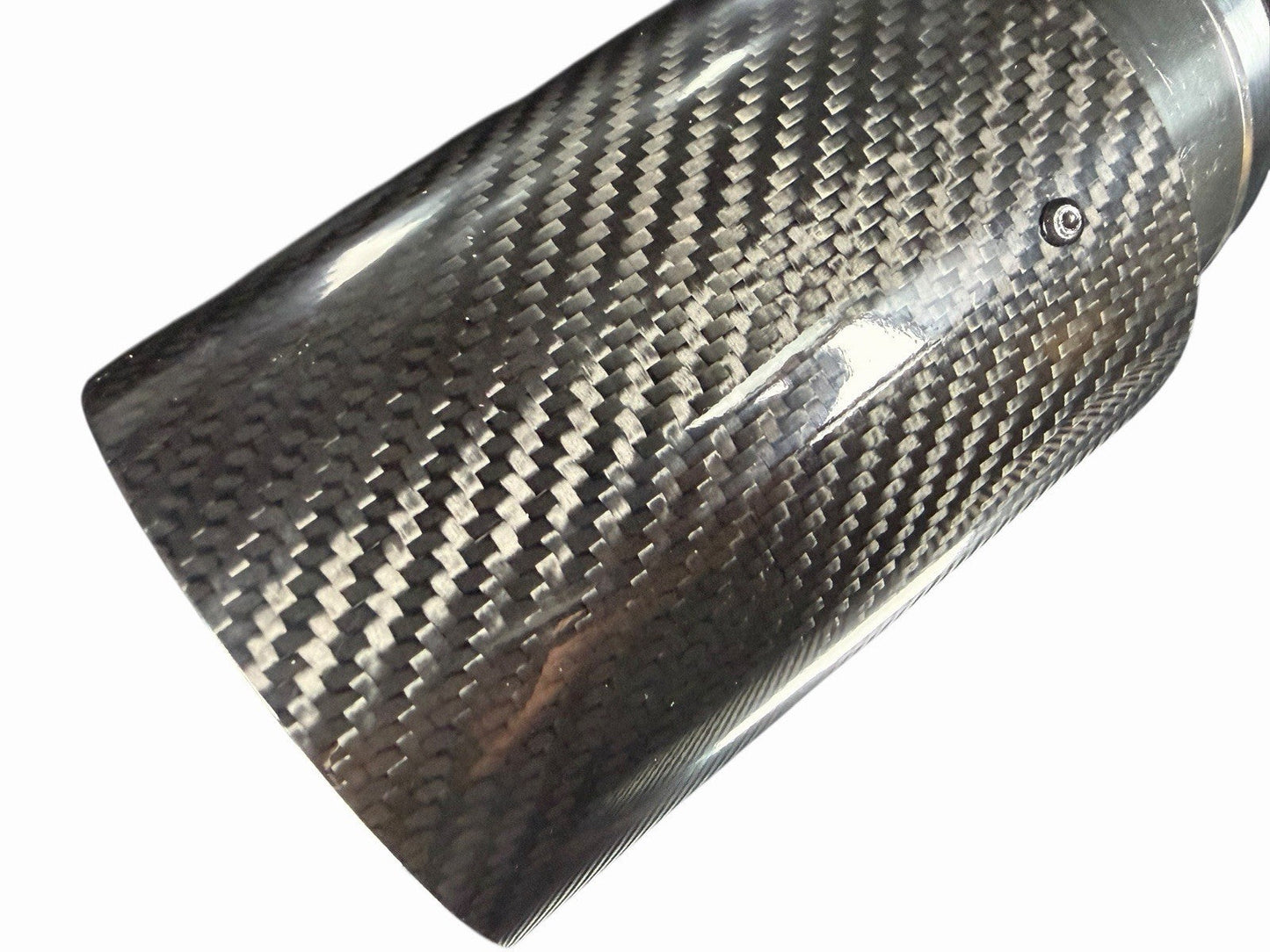 Gloss resonated carbon fiber exhaust pipe tip, 3-inch M Performance style, by JackSpania Racing, shown with reflective finish and sleek design.