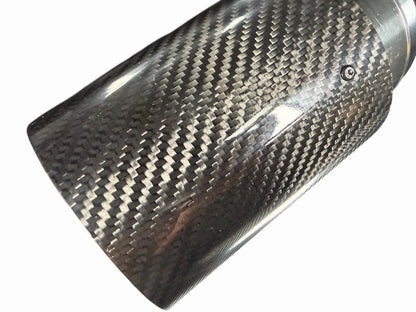 Gloss resonated carbon fiber exhaust pipe tip, 3-inch M Performance style, by JackSpania Racing, shown with reflective finish and sleek design.