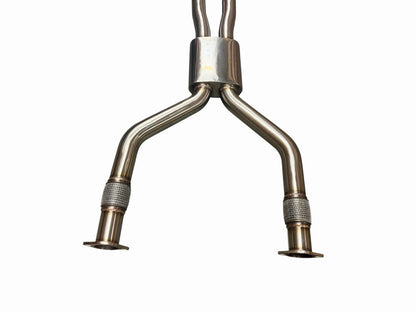 JackSpania Racing 3-inch dual cat back exhaust muffler system for 2016-2023 Infiniti Q50 Q60 3.0T RWD, showing polished metal pipes and mufflers.