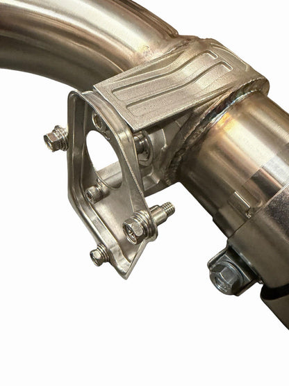 BMW F30, F22, F32, F36 Valved Axle Back Sport Exhaust Muffler by JackSpania Racing with polished metal finish and dual exhaust tips.