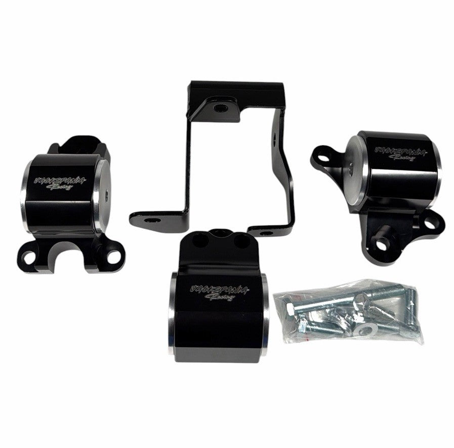 CNC solid engine mount for Honda EK Civic B16 B18 B20 engines, made by JackSpania Racing, shown in black metal with mounting brackets