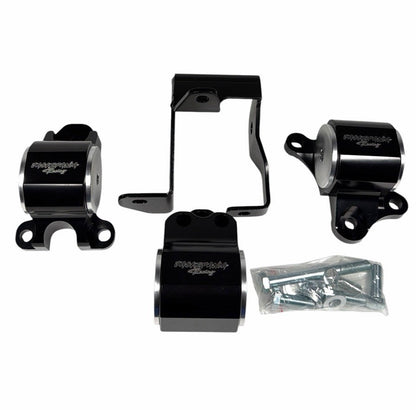 CNC solid engine mount for Honda EK Civic B16 B18 B20 engines, made by JackSpania Racing, shown in black metal with mounting brackets