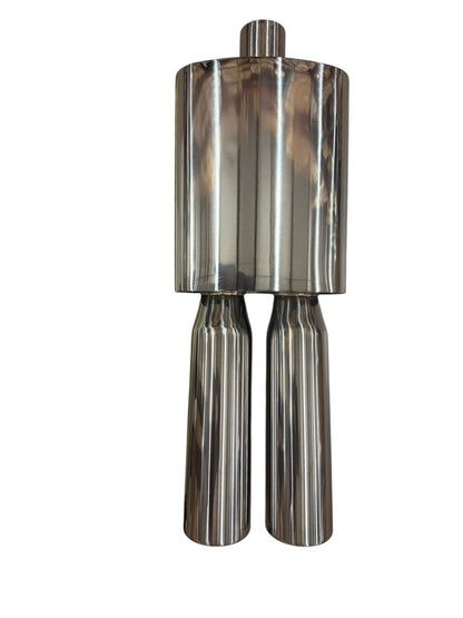 JackSpania Racing 2.5-inch Fireball Mega Blastpipe muffler with polished dual tips and VIP tip design for exhaust enhancement.