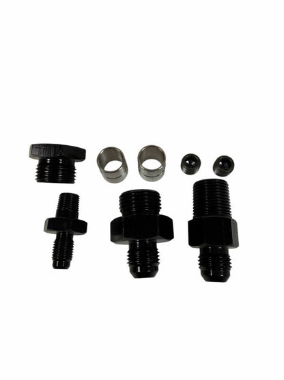 JackSpania Racing Honda Acura LS B20 oil supply line adapter plate for engine customization and conversion.
