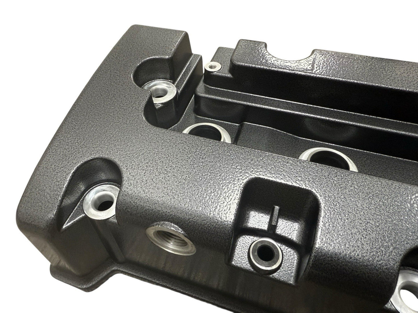 Cast aluminum K Series vented valve cover baffle for Honda Acura K20 K24 engines, compatible with AN10 fittings, by Jack Spania Racing.