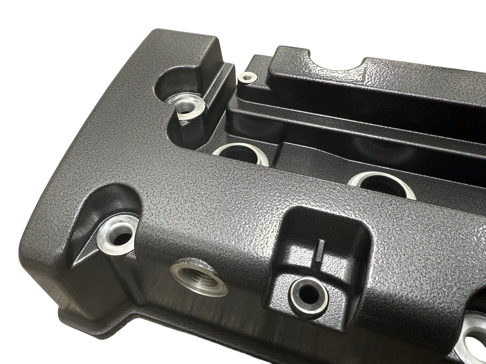 Cast aluminum K Series vented valve cover baffle for Honda Acura K20 K24 engines, compatible with AN10 fittings, by Jack Spania Racing.
