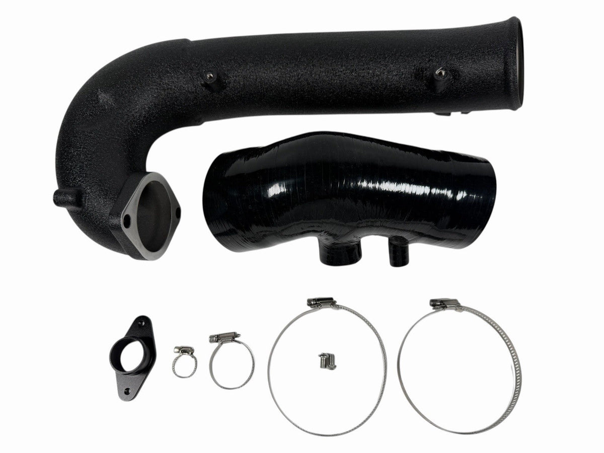 Honda Civic Type R FK8 turbo inlet pipe upgrade kit by JackSpania Racing, showing the polished metal pipe and connection points.