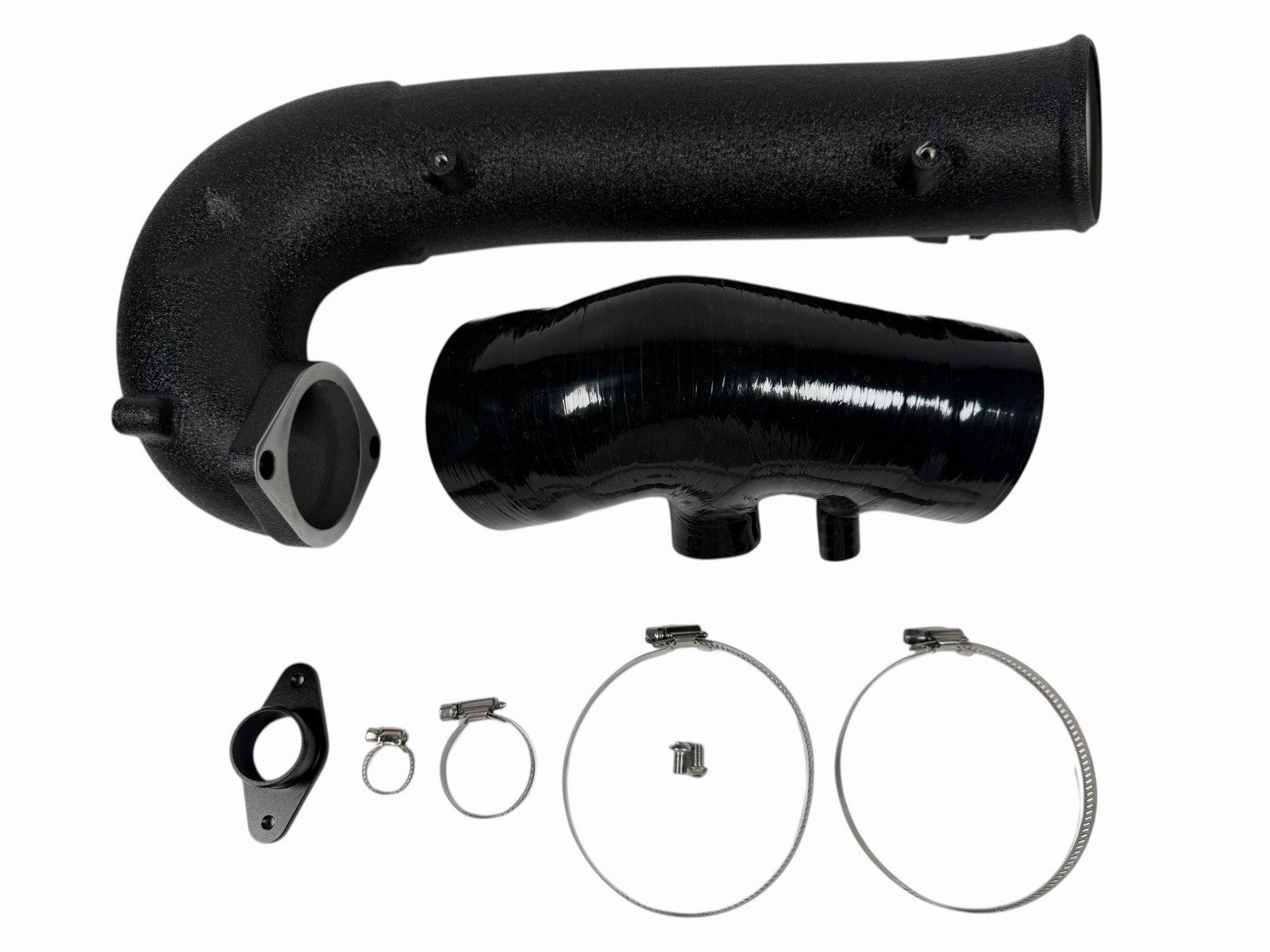 Honda Civic Type R FK8 turbo inlet pipe upgrade kit by JackSpania Racing, showing the polished metal pipe and connection points.