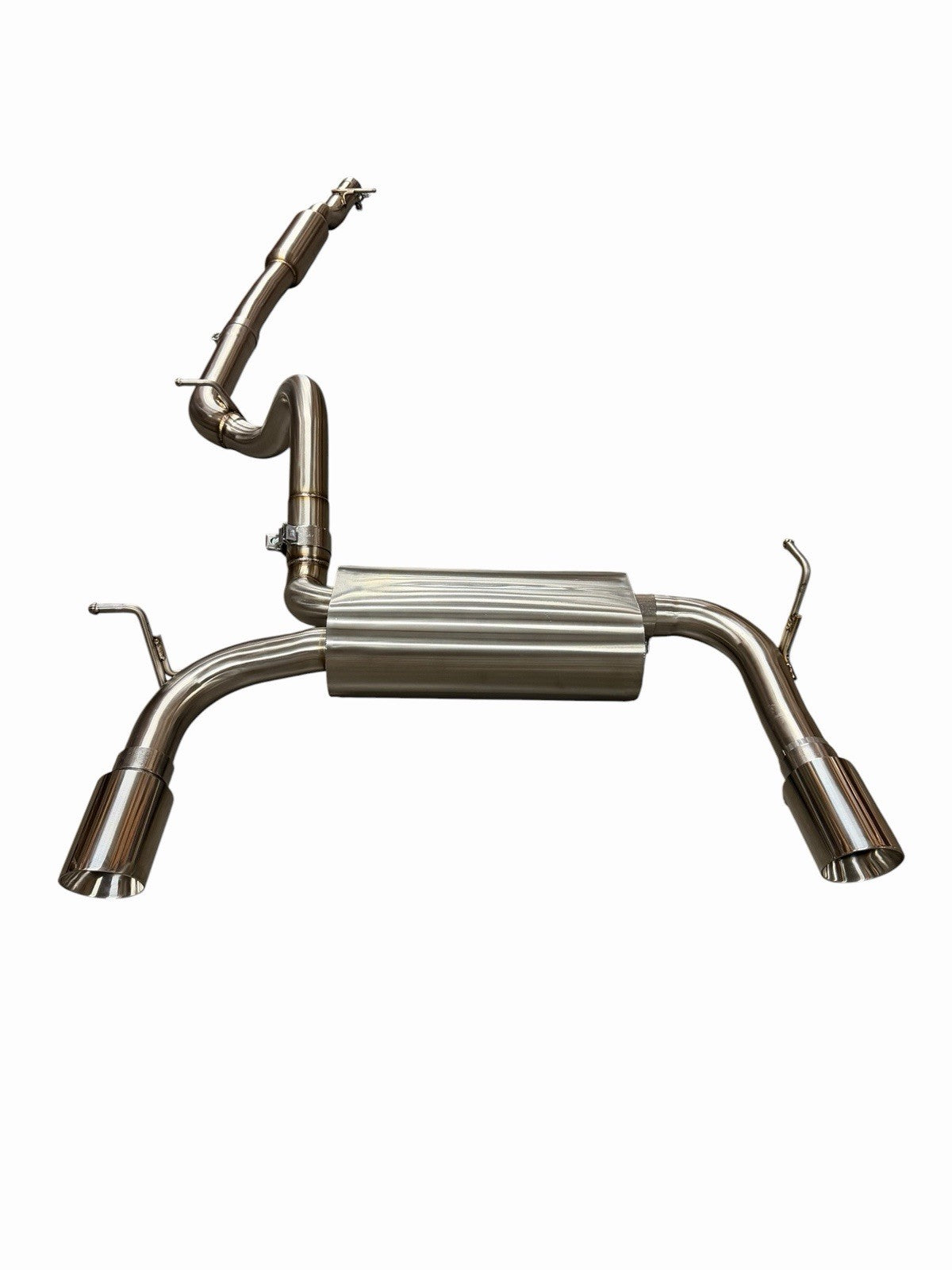 Stainless steel dual tip exhaust system for 2007-2018 Jeep Wrangler JK by JackSpania Racing, featuring sleek dual tips and exhaust pipes.