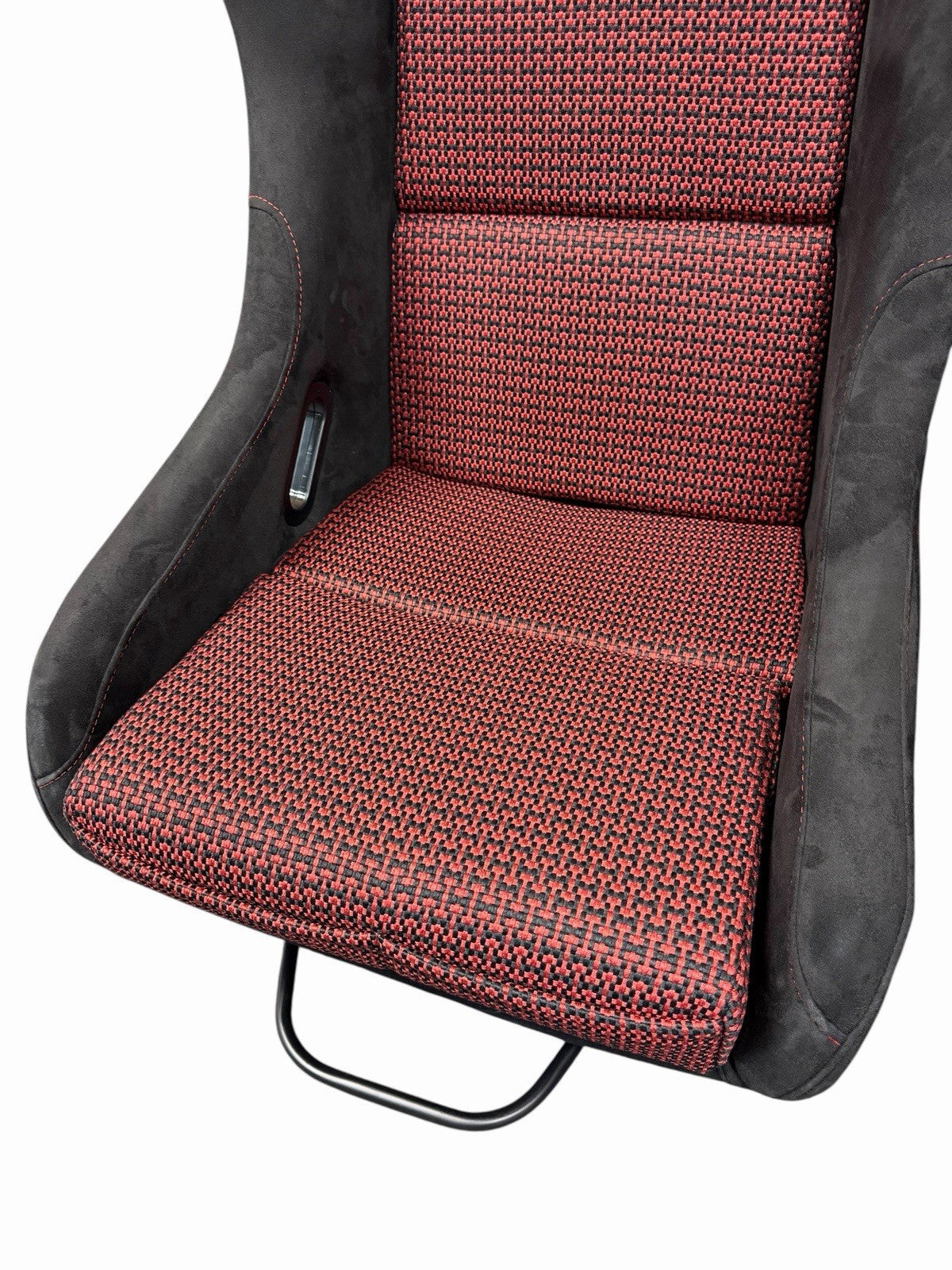 JackSpania Racing universal lightweight fixed bucket seat with rails, sliders, and suede upholstery, designed for car interior installation.