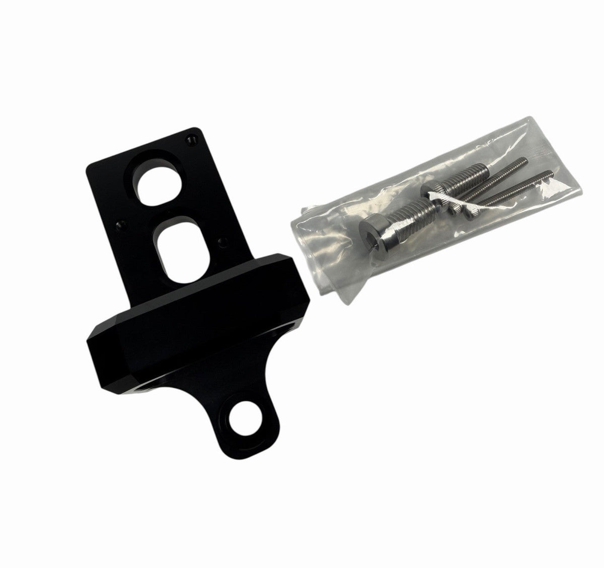 JackSpania Racing billet 4-port AEM boost controller solenoid valve mount bracket for engine parts, shown in a close-up image.