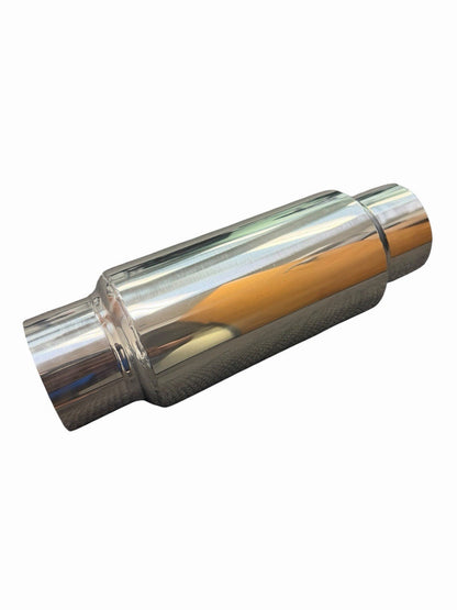 JackSpania Racing 2.5" and 3" inlet/outlet mini steel exhaust resonator muffler showing polished surface and compact design.