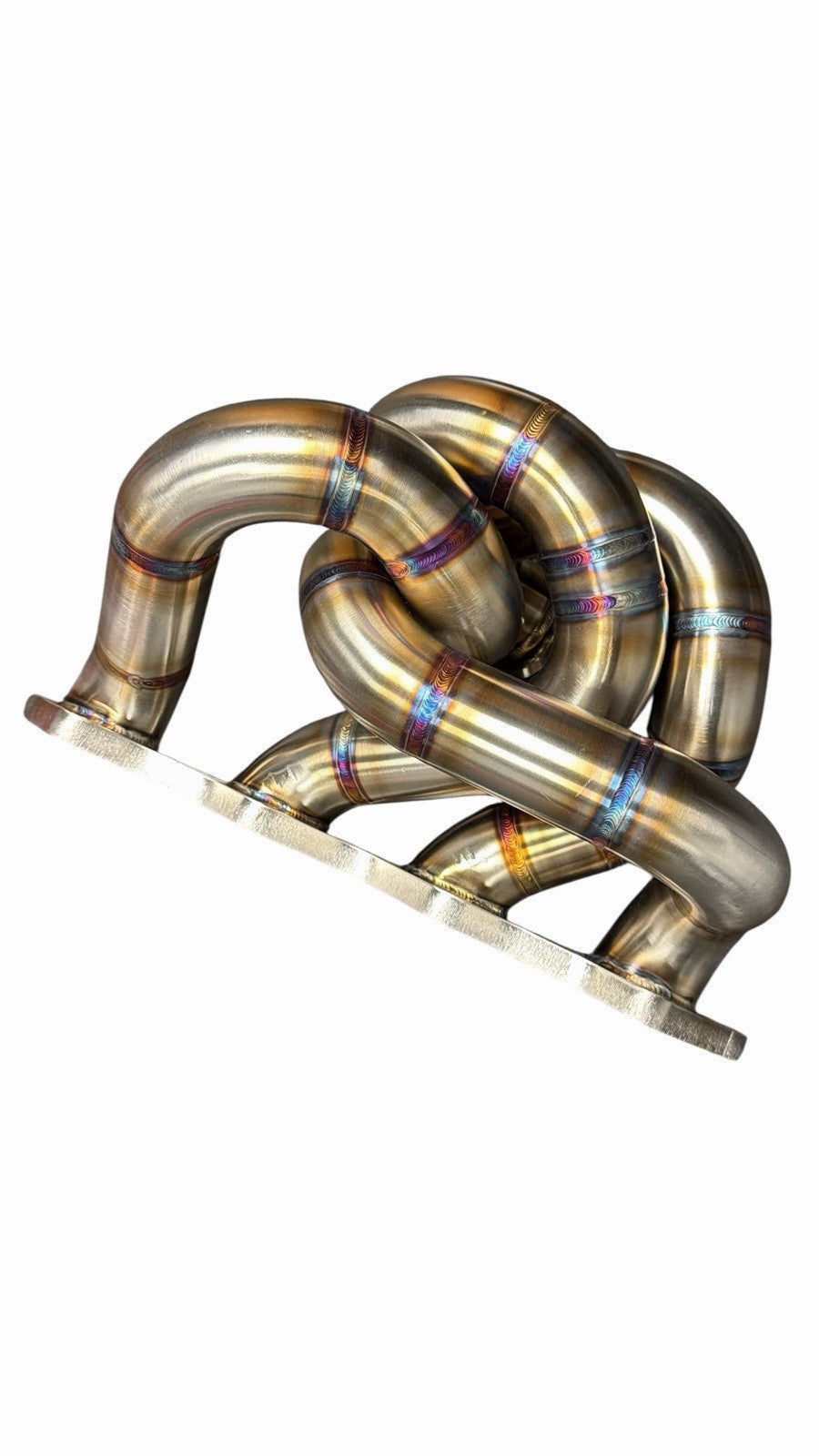 JackSpania Racing 316SS tubular turbo manifold for Evo 7-9 with 44mm wastegate and V-band for G25 G30 turbochargers.