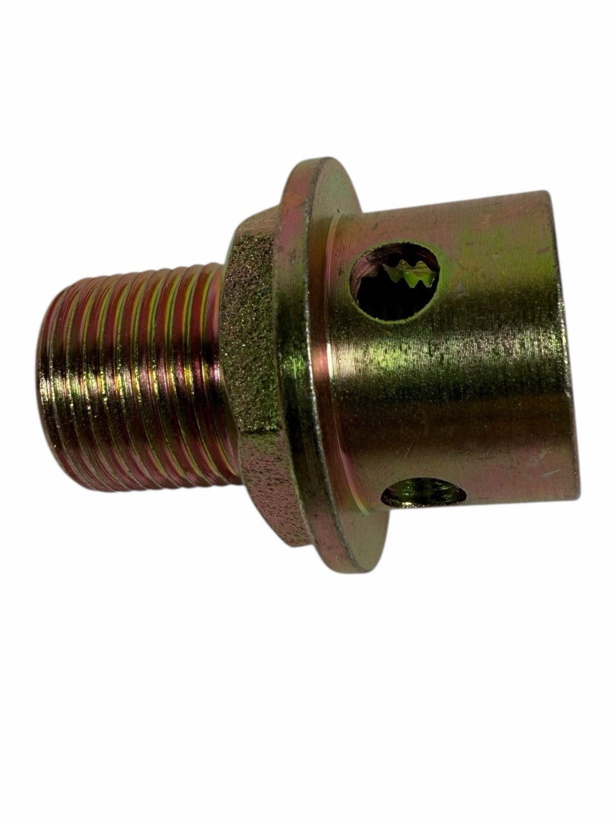JackSpania Racing Honda Acura LS B20 oil supply line adapter plate for engine conversion, showcasing the metal component and fittings.