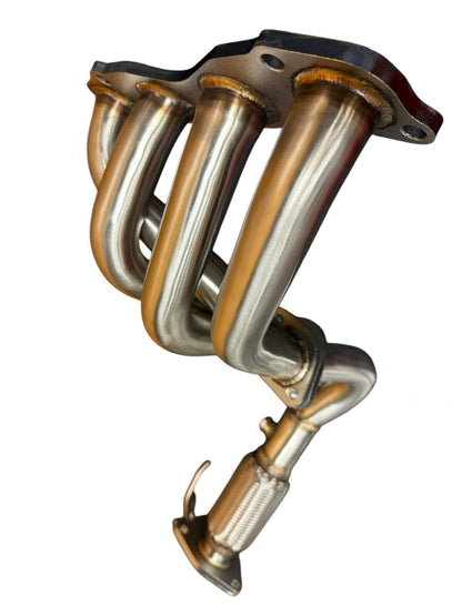 Stainless steel exhaust header for 2003-2007 Honda Accord LX 2.4L K24 engine by JackSpania Racing, showing polished metal construction.