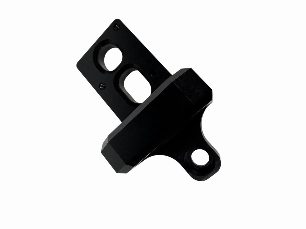 JackSpania Racing billet 4-port Mac AEM boost controller solenoid valve mount bracket for engine installation.