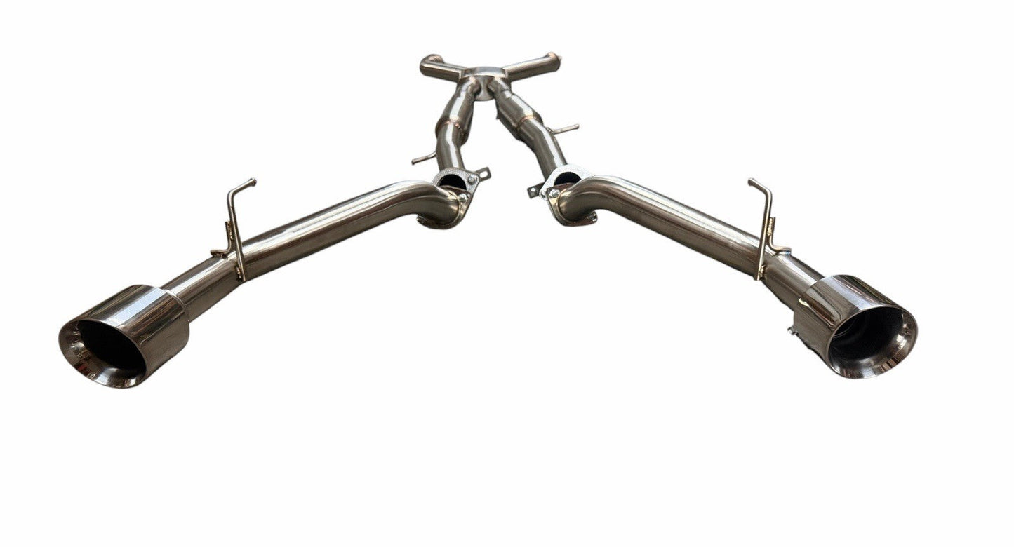 Dual 3-inch cat back exhaust muffler system for 2016-2023 Infiniti Q50 and Q60 3.0T RWD by JackSpania Racing, with polished metal finish.