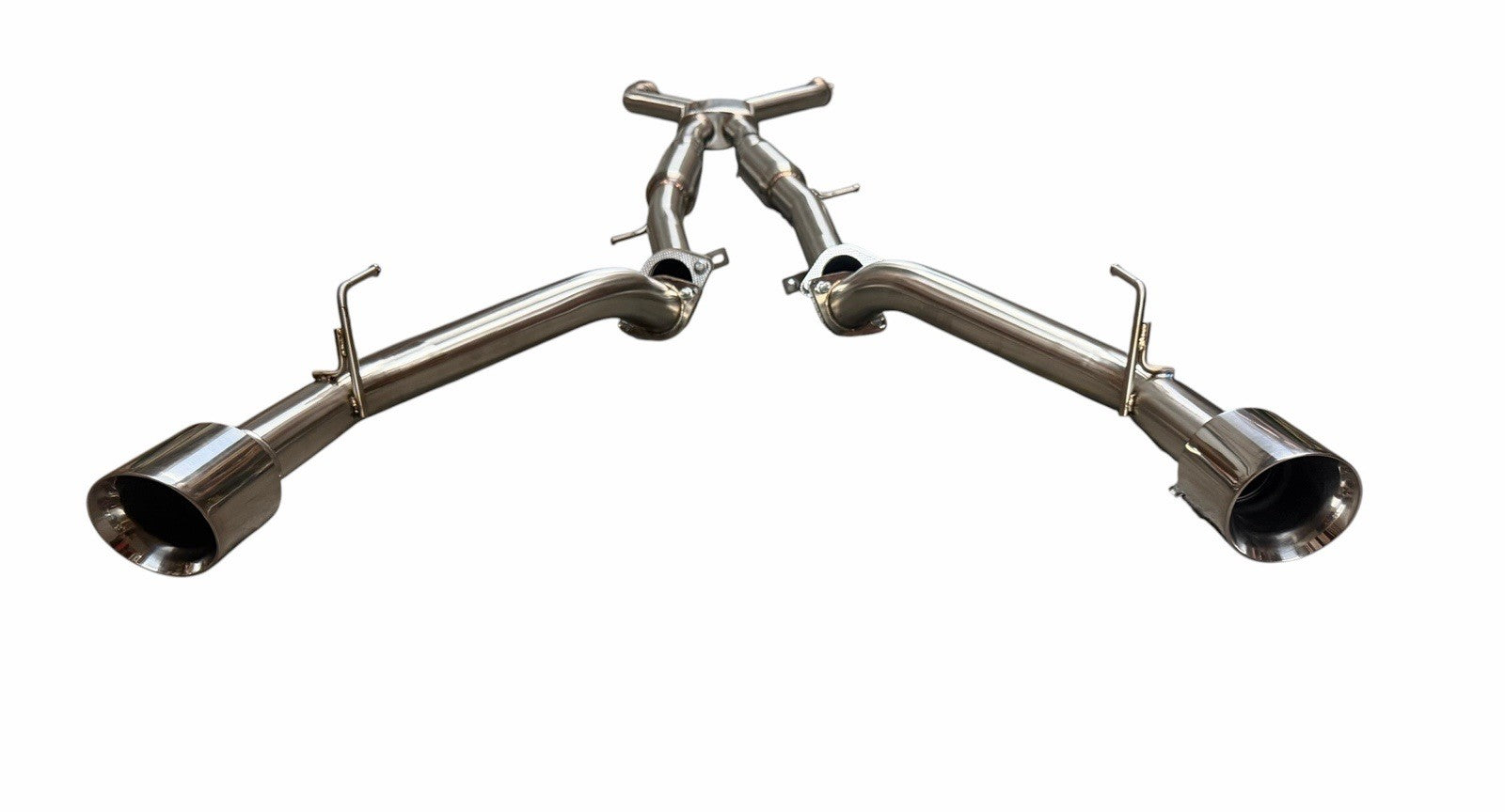 Dual 3-inch cat back exhaust muffler system for 2016-2023 Infiniti Q50 and Q60 3.0T RWD by JackSpania Racing, with polished metal finish.