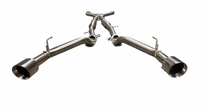 Dual 3-inch cat back exhaust muffler system for 2016-2023 Infiniti Q50 and Q60 3.0T RWD by JackSpania Racing, with polished metal finish.