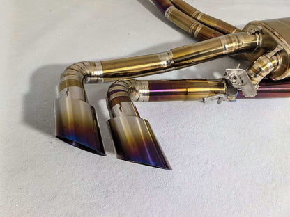 Titanium valved sport catback exhaust for 2018-2024 Lamborghini Urus, manufactured by JackSpania Racing, showing the sleek exhaust system.