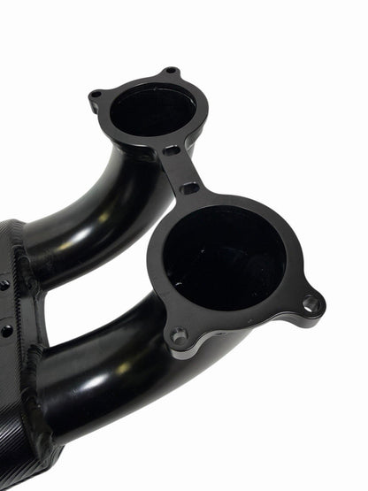 Rear facing billet intake manifold for Subaru WRX STi 04-21 with 64mm throttle body by JackSpania Racing, showing polished metal finish.