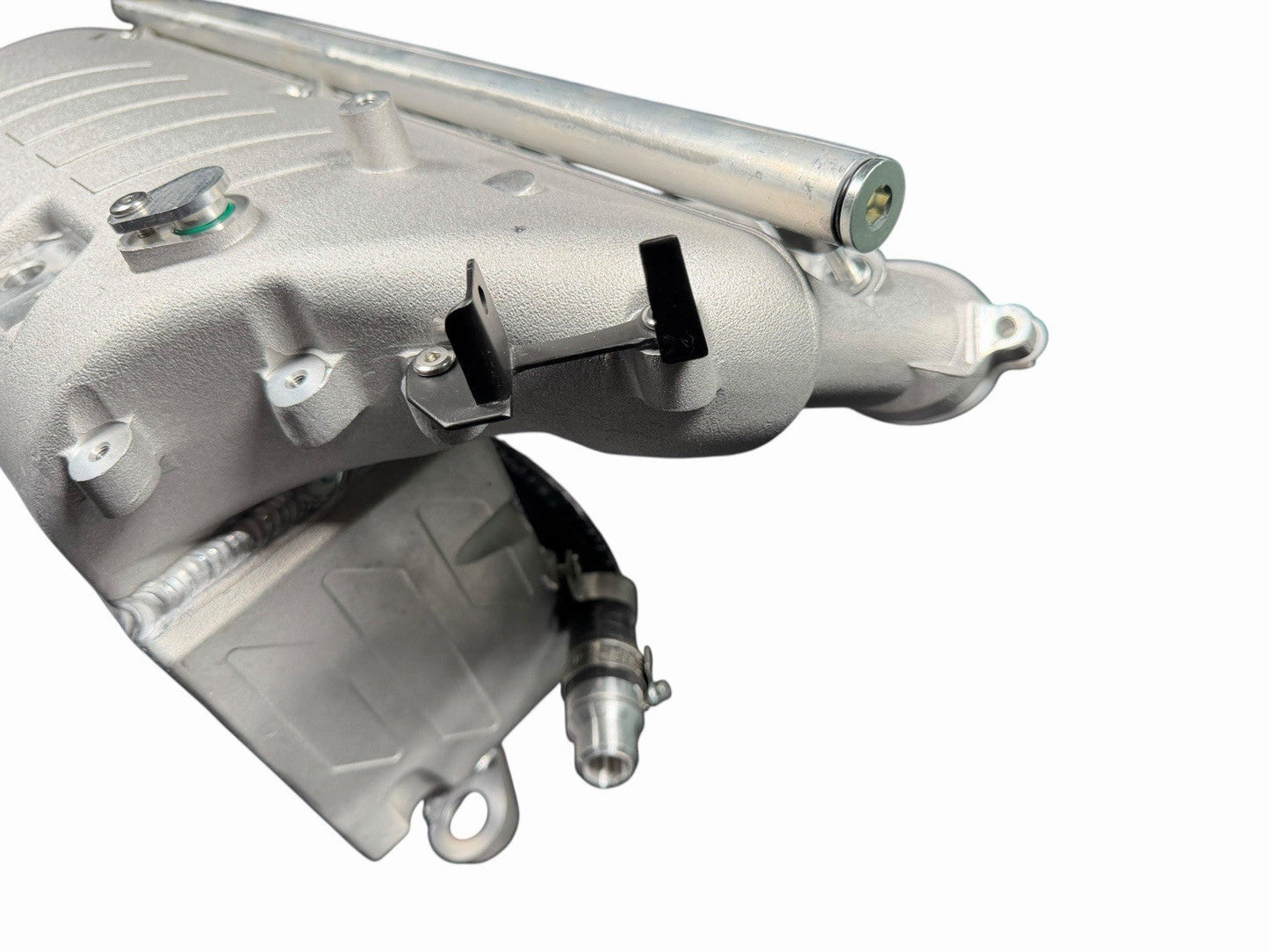 Cast aluminum charge cooler intake manifold for BMW G87 M2, G80 M3, G82 M4 S58 engine by JackSpania Racing, front view.