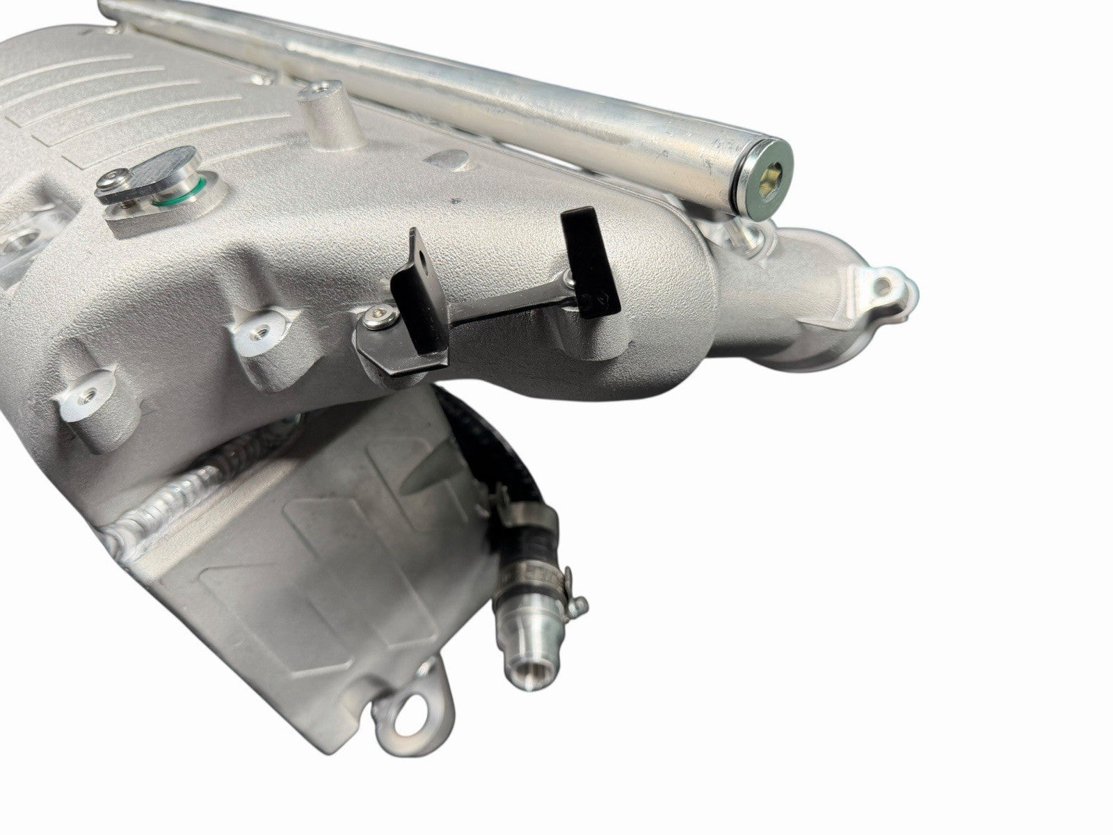 Cast aluminum charge cooler intake manifold for BMW G87 M2, G80 M3, G82 M4 S58 engine by JackSpania Racing, front view.