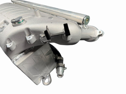 Cast aluminum charge cooler intake manifold for BMW G87 M2, G80 M3, G82 M4 S58 engine by JackSpania Racing, front view.