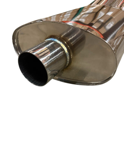 Polished 2.5-inch Fireball Mega Blastpipe muffler with dual VIP tips, JackSpania Racing exhaust parts, featuring sleek chrome finish.