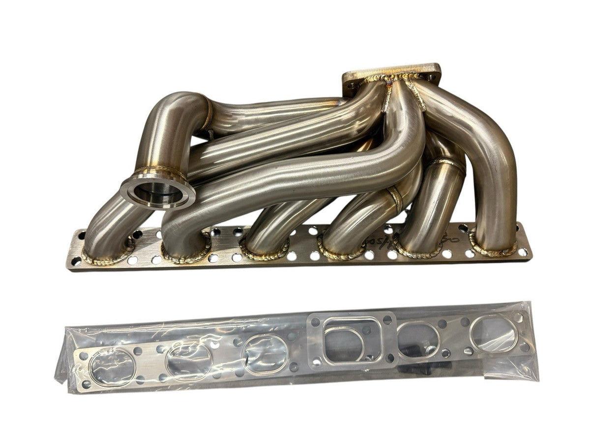 BMW E30 E34 M50 M52 M54 S50 tubular top mount turbo manifold with T3 44mm wastegate for exhaust performance by JackSpania Racing