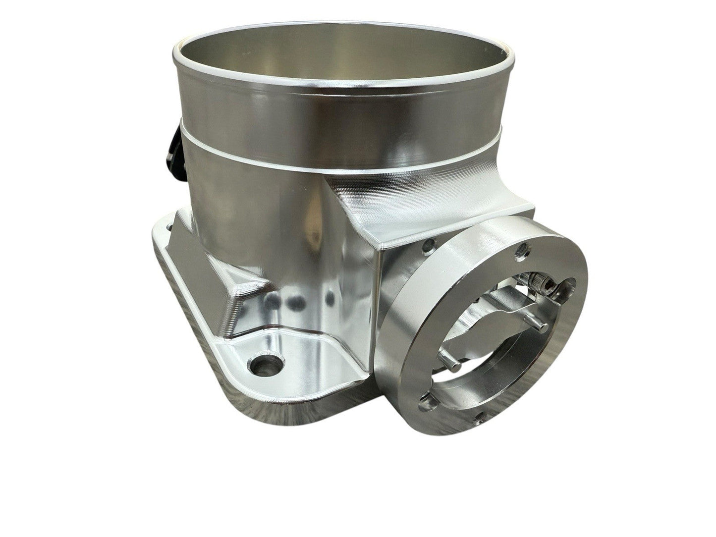 90mm throttle body adapter with 4-inch hose coupling for 2JZ and 1JZ engines, by JackSpania Racing, showing inlet connection.