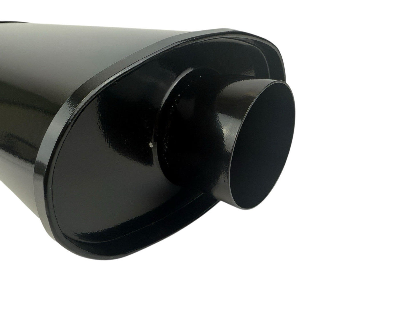 Black JackSpania Racing single wall universal short tip muffler with 3-inch inlet and 3.5-inch outlet for exhaust system upgrade.