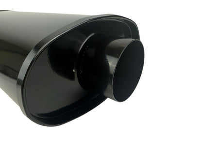 Black JackSpania Racing single wall universal short tip muffler with 3-inch inlet and 3.5-inch outlet for exhaust system upgrade.