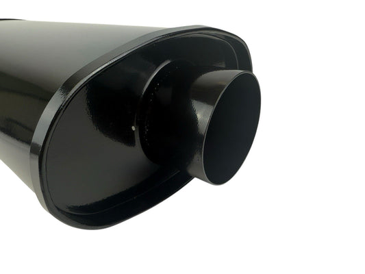 Black JackSpania Racing single wall universal short tip muffler with 3-inch inlet and 3.5-inch outlet for exhaust system upgrade.