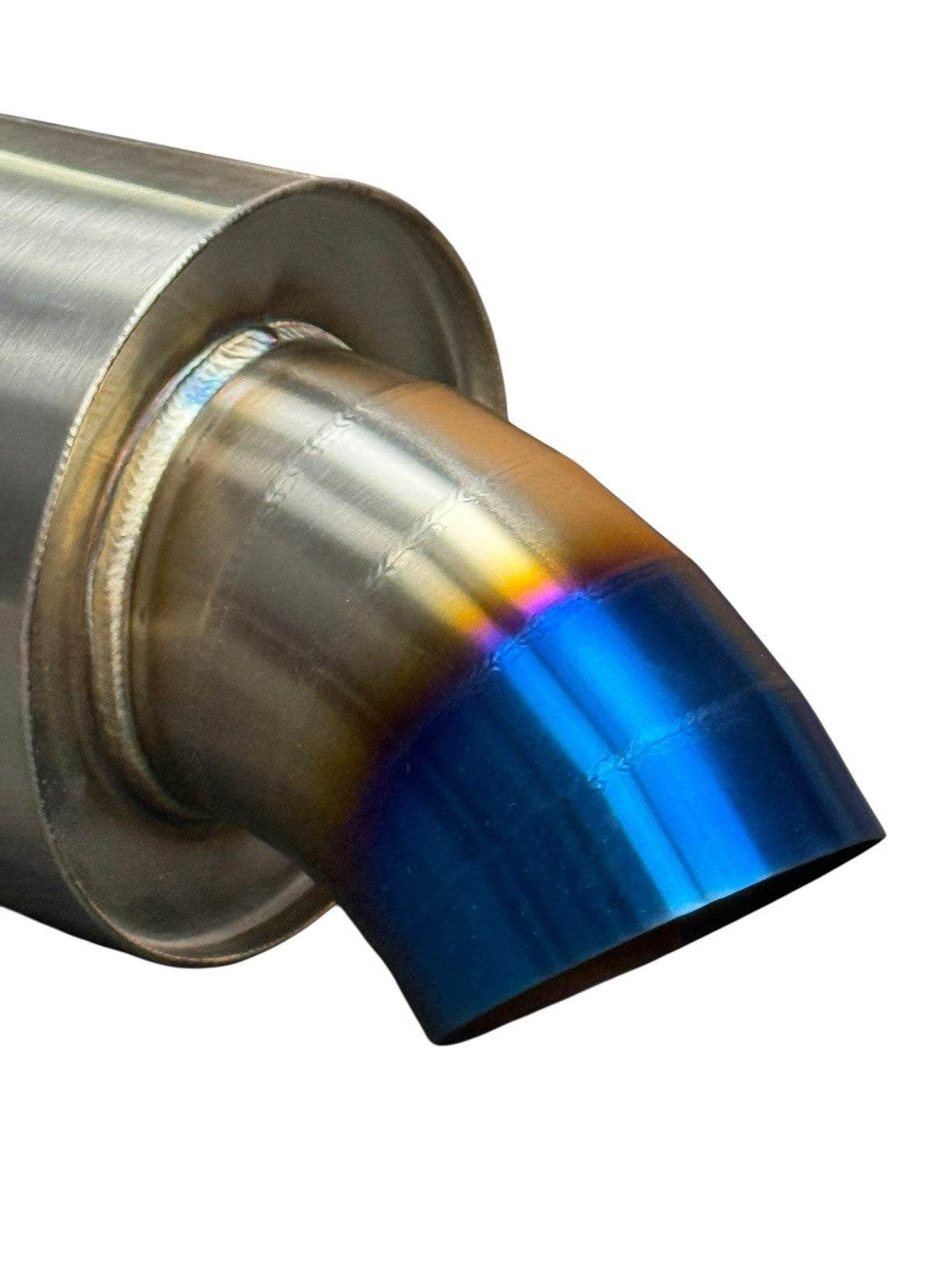 Stainless steel 2.5" and 3" inlet turn down pie cut dolphin muffler exhaust part by JackSpania Racing, featuring polished metal and curved design.