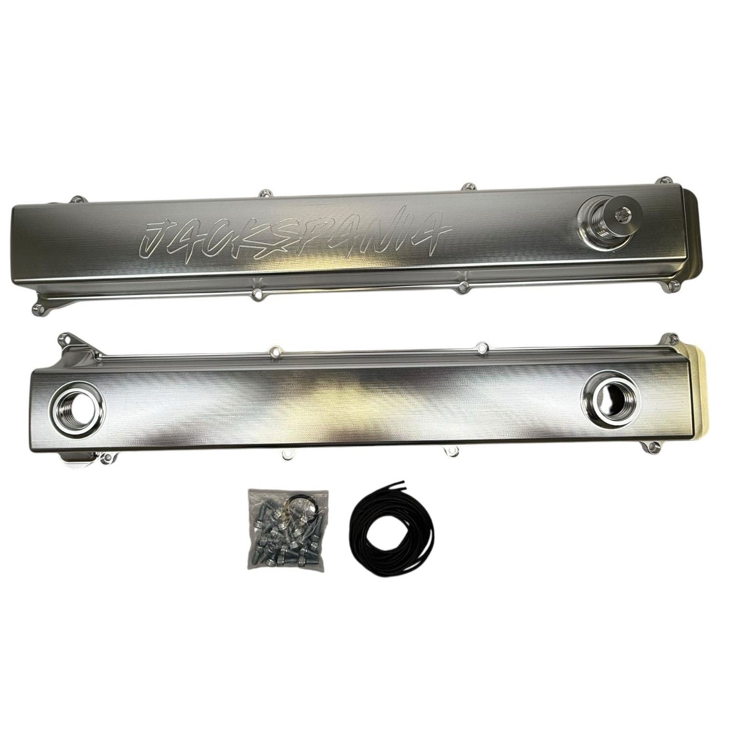 Toyota Supra 2JZ GTE billet valve covers with anodized oil cap and bolts, engine parts by JackSpania Racing.