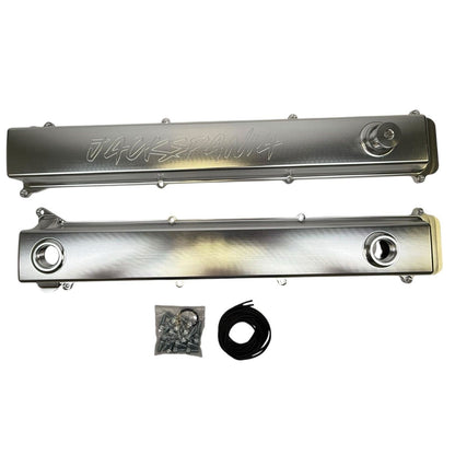 Toyota Supra 2JZ GTE billet valve covers with anodized oil cap and bolts, engine parts by JackSpania Racing.