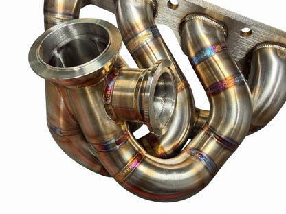 JackSpania Racing 316SS tubular turbo manifold for Evo 7-9 with 44mm V-band wastegate and G25 G30 turbocharger.