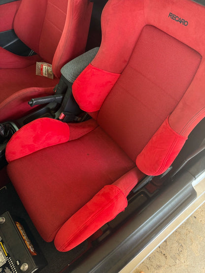 JackSpania Racing suede seat protector set for Recaro SR3 and SR4 semi-bucket seats, shown on interior car seats.