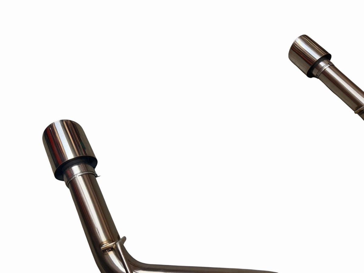 Dual 3-inch cat-back exhaust muffler system for 2016-2023 Infiniti Q50 Q60 3.0T RWD by JackSpania Racing, showing polished metal pipes.